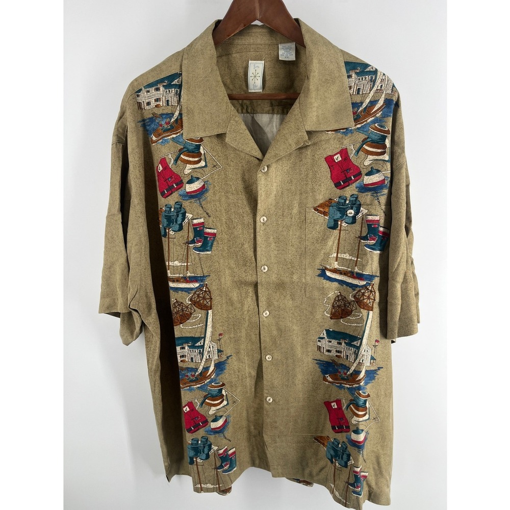 Vintage Burma Bibas Silk Crabbing Mens XXL Silk Shirt Khaki Tan Button Down